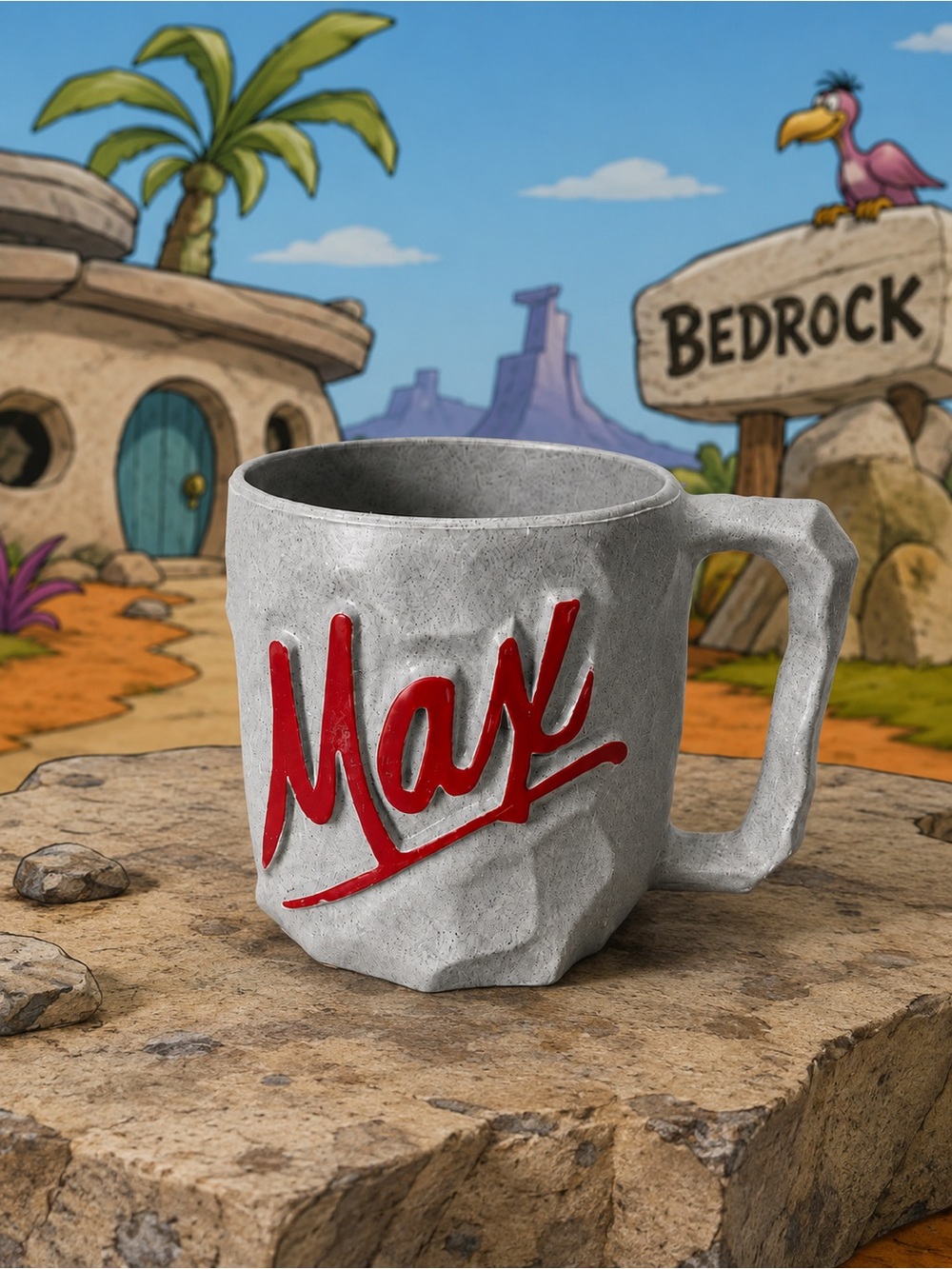 Vintage MAX Coffee Mug Flintstones “Yabba Dabba Doo” Plastic Gray Grey red logo